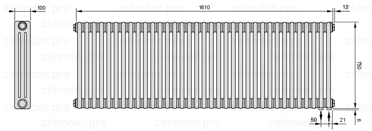 Схема (чертеж) Радиатор Zehnder Charleston 3075/35 №5510 Белый глянцевый RAL 9016